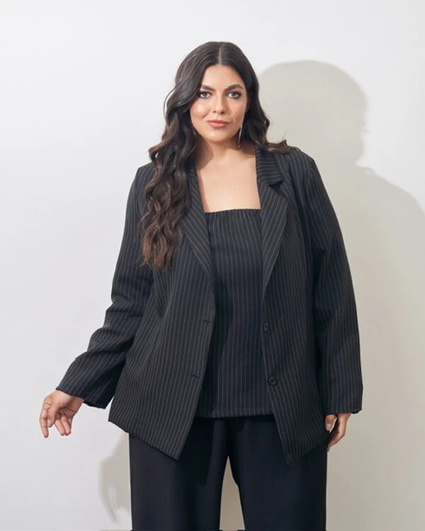 blazer risca de giz alfaiataria kayla