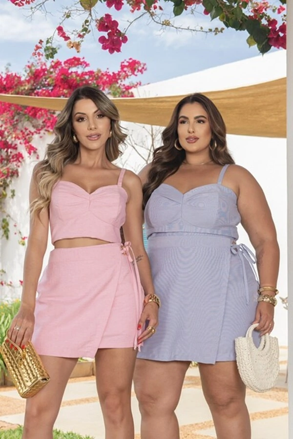 pre venda conjunto cropped decote coracao e saia transpassada divas
