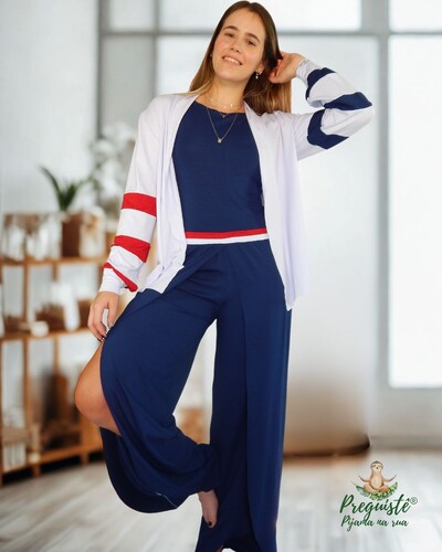 Foto Pijama Feminino Homewear Preguistê Multifuncional Ocasional Tríade Marinho Vermelho e Branco Náutico