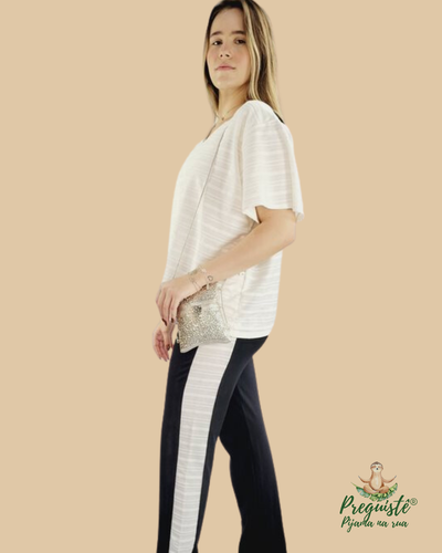 Foto Pijama Feminino Homewear Preguistê Multifuncional Ocasional Bohô Branco e Preto