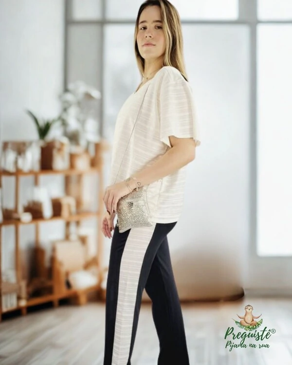 Pijama Feminino Homewear Preguistê Multifuncional Ocasional Bohô Branco e Preto