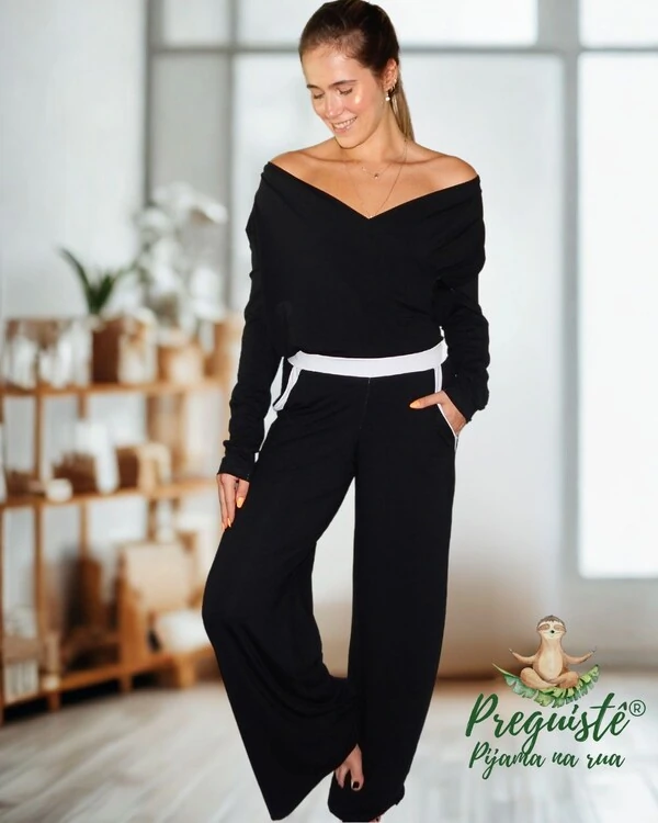 Pijama Feminino Homewear Preguistê Multifuncional Ocasional Seducao Preto e Branco