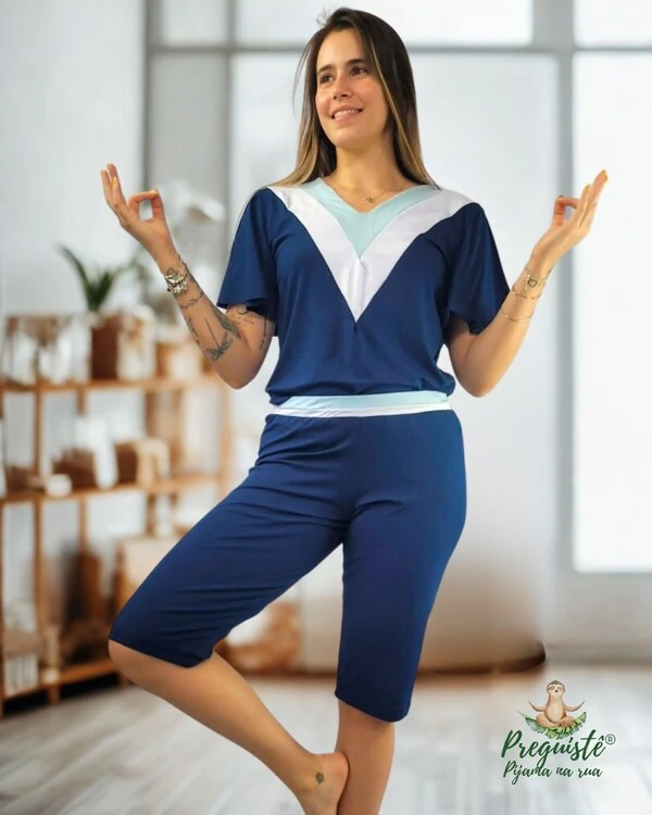 Pijama Feminino Homewear Preguistê Multifuncional Ocasional Elegancia Marinho, Branco, Azul Claro