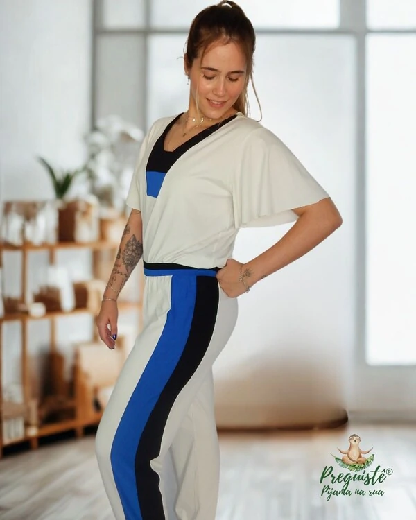 Pijama Feminino Homewear Preguistê Multifuncional Ocasional Imponente Off Royal e Preto