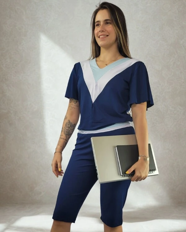 Pijama Feminino Homewear Preguistê Multifuncional Ocasional Elegancia Marinho, Branco, Azul Claro