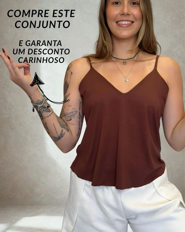 Conjunto: Shorts Cativo + Blusa de Alça Reta Linda