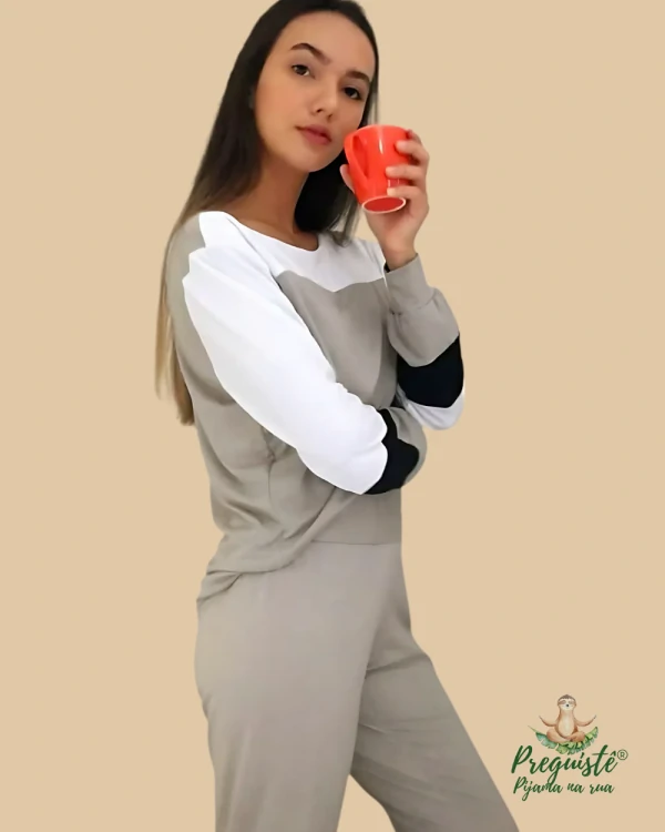 Pijama Feminino Homewear Preguistê Multifuncional Ocasional Hematita Prata e Preto