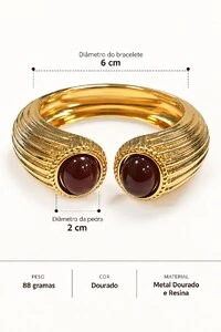 Bracelete Maxi Semi-Aberto Texturizado e Pedra Oval Dourado