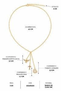 Colar Semijoia Cruz e Espírito Santo Dourado Pri Acessórios