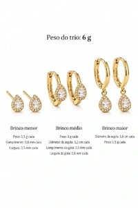 Brinco Semijoia Trio Gota Cravejado Pri Acessórios