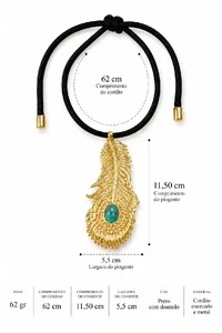 Gargantilha Choker Cordão Ajustável e Pingente Pena Dourado