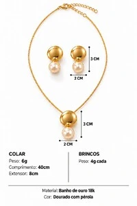 Conjunto Semijoia Essenza Pérola e Chapa Dourado