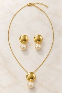 Conjunto Semijoia Essenza Pérola e Chapa Dourado