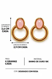 Brinco Semijoia Essenza Pedra Oval e Redondo Vazado Dourado