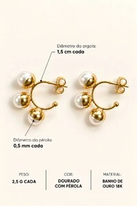 Brinco Semijoia Essenza Pérola Pequeno Dourado
