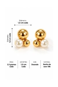 Brinco Semijoia Essenza Esfera e Pérola Dourado