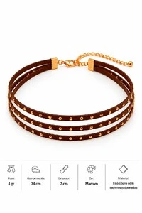 Gargantilha Choker Eco Couro Tachinhas Dourado