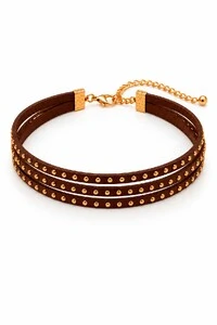 Gargantilha Choker Eco Couro Tachinhas Dourado