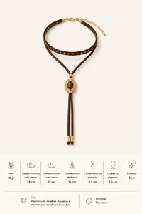 Colar Choker Duplo Eco-Couro Oval Dourado