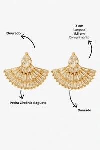 Brinco Semijoia Leque Baguete e Gota Pri Acessórios