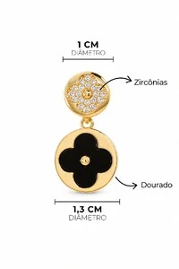 Brinco Trevo Liso Cravejado Zircônias Dourada e Prata Feminino
