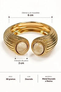 Bracelete Maxi Semi-Aberto Texturizado e Pedra Oval Dourado