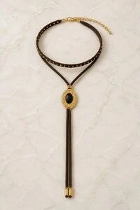 Colar Choker Duplo Eco-Couro Oval Dourado