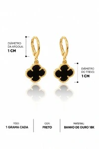 Brinco Semijoia Argola Trevo Preto Dourado Pri Acessórios