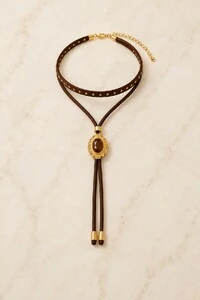 Colar Choker Duplo Eco-Couro Oval Dourado