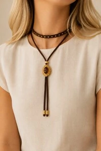 Colar Choker Duplo Eco-Couro Oval Dourado