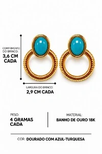 Brinco Semijoia Essenza Pedra Oval e Redondo Vazado Dourado