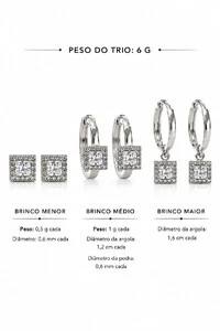 Brinco Semijoia Trio Quadrado Cravejado Pri Acessórios