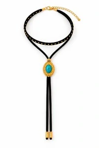 Colar Choker Duplo Eco-Couro Oval Dourado