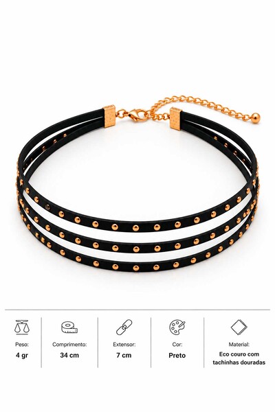 Foto Gargantilha Choker Eco Couro Tachinhas Dourado