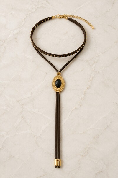 Foto Colar Choker Duplo Eco-Couro Oval Dourado