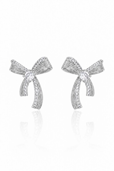Foto Brinco Pequeno Laço Cravejado Zircônia Delicado Banho Ouro 18k Banho Ródio Feminino