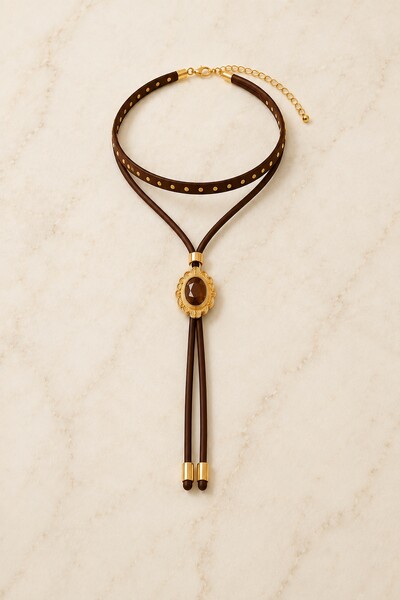 Foto Colar Choker Duplo Eco-Couro Oval Dourado