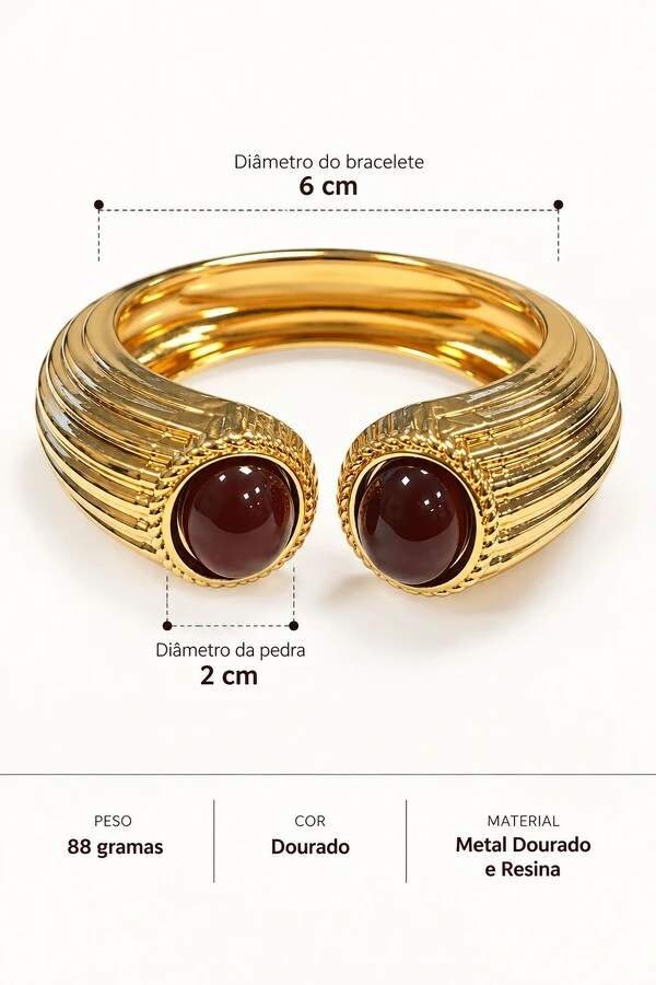 Bracelete Maxi Semi-Aberto Texturizado e Pedra Oval Dourado