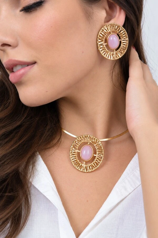 Choker Semijoia Essenza Aro Trabalhado e Pedra Oval Dourado
