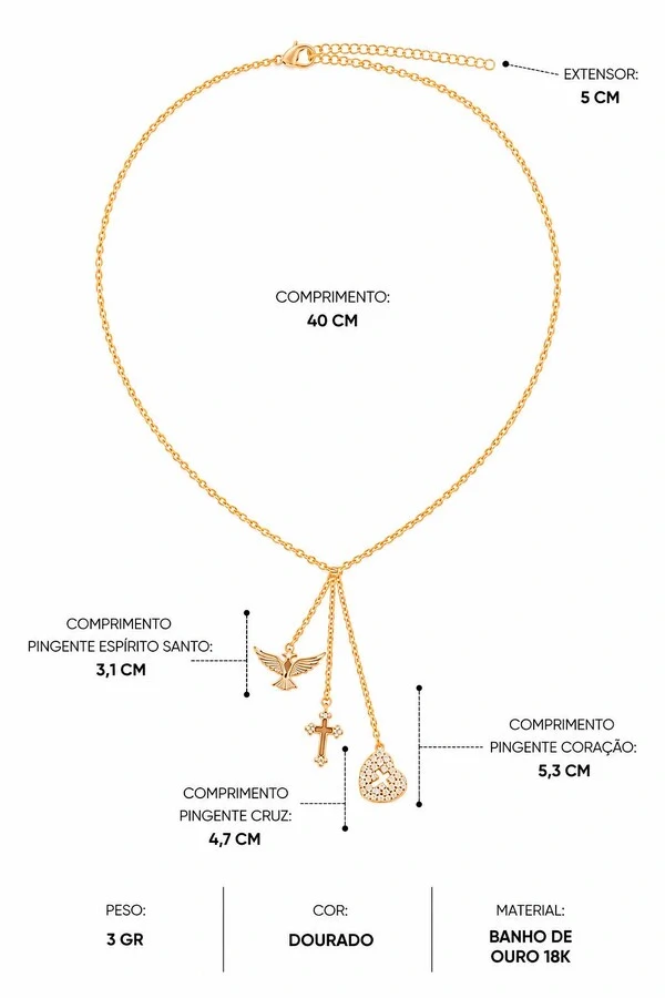 Colar Semijoia Cruz e Espírito Santo Dourado Pri Acessórios
