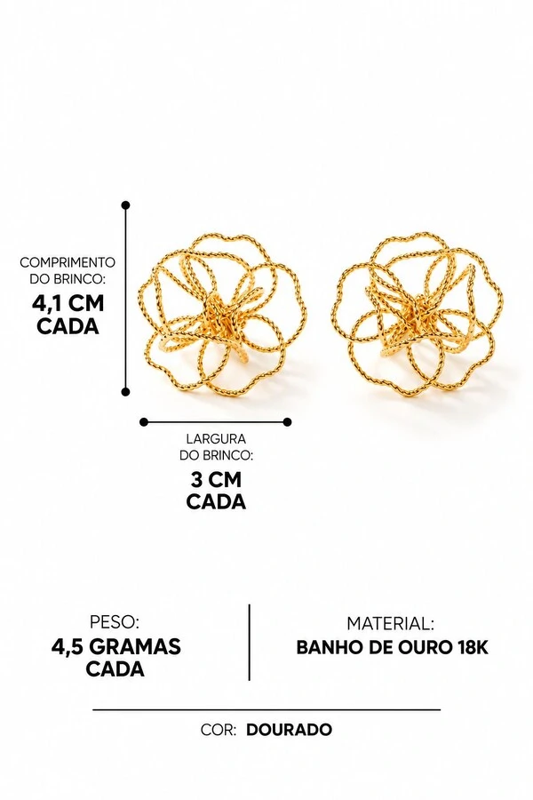 Brinco Semijoia Essenza Flor Trabalhado Vazado Pequeno Dourado
