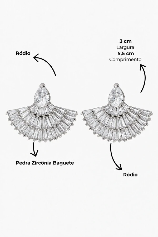 Brinco Semijoia Leque Baguete e Gota Pri Acessórios