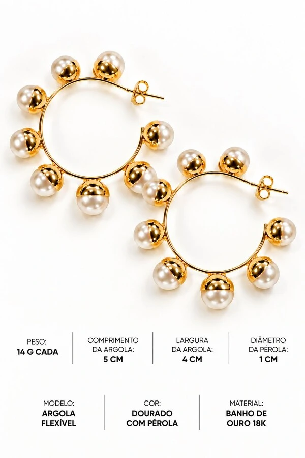 Brinco Semijoia Essenza Argola Pérola Dourado