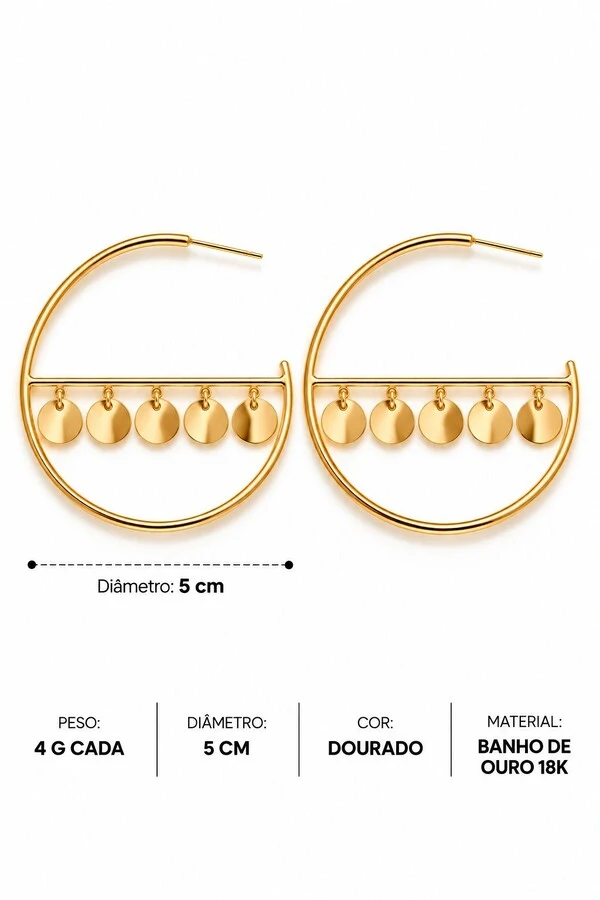 Brinco Semijoia Essenza Argola Medalhas Dourado