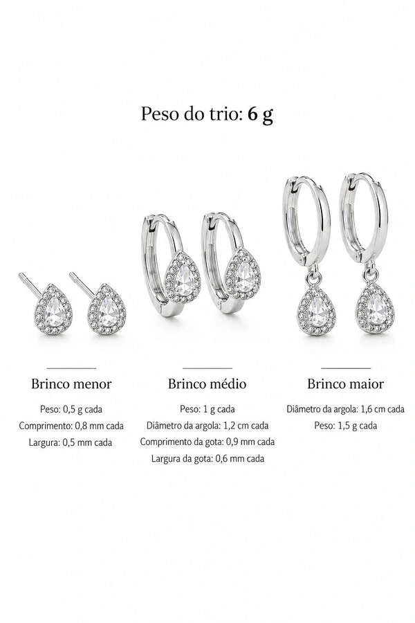 Brinco Semijoia Trio Gota Cravejado Pri Acessórios
