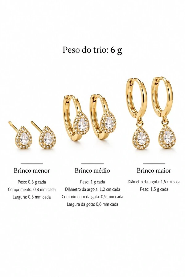 Brinco Semijoia Trio Gota Cravejado Pri Acessórios