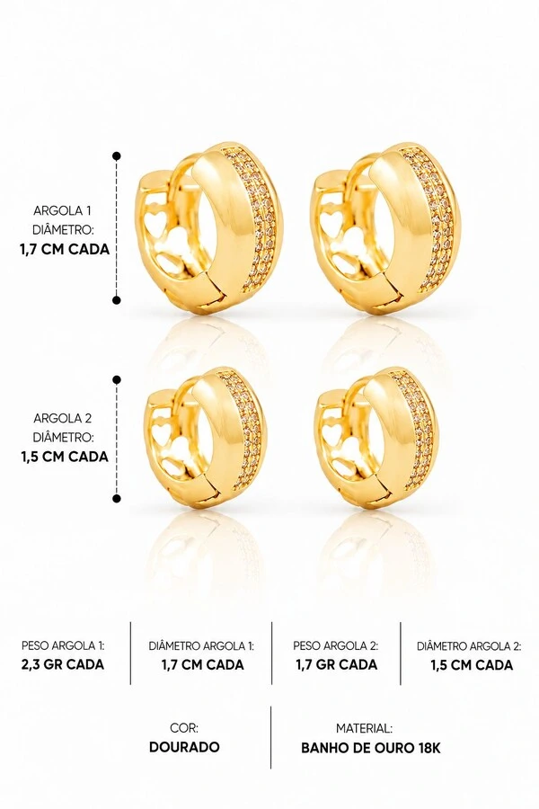 Brinco Semijoia Argola Dupla Cravejado Dourado