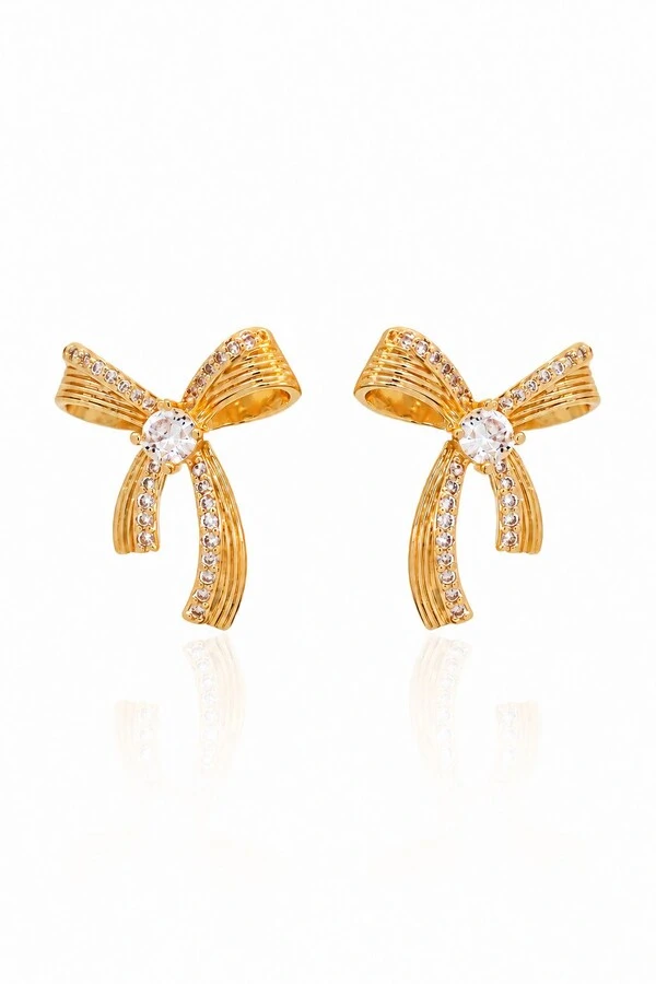 Brinco Pequeno Laço Cravejado Zircônia Delicado Banho Ouro 18k Banho Ródio Feminino