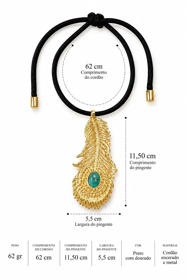 Gargantilha Choker Cordão Ajustável e Pingente Pena Dourado