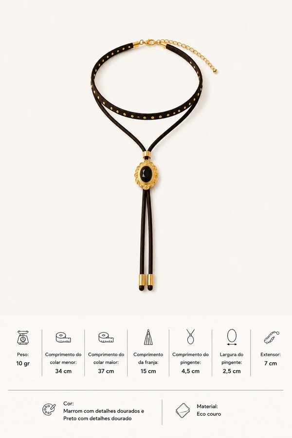 Colar Choker Duplo Eco-Couro Oval Dourado